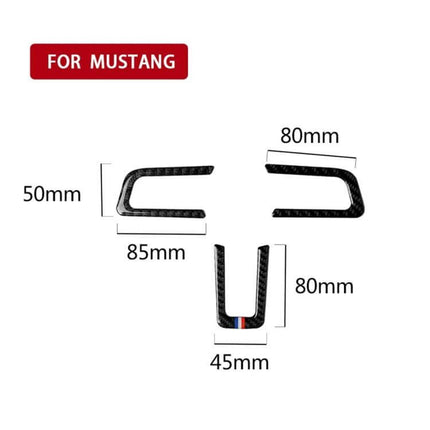 Car USA Color Carbon Fiber Steering Wheel Sticker for Ford Mustang 2015-2017 showing carbon fiber pieces with dimensions 85x50mm, 80x80mm and 45x80mm