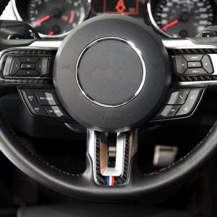 Car USA Color Carbon Fiber Steering Wheel Sticker for Ford Mustang 2015-2017 installed on black Mustang steering wheel with USA stripe accent