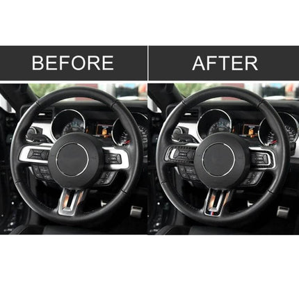 Car USA Color Carbon Fiber Steering Wheel Sticker for Ford Mustang 2015-2017 showing before and after interior accent on steering wheel