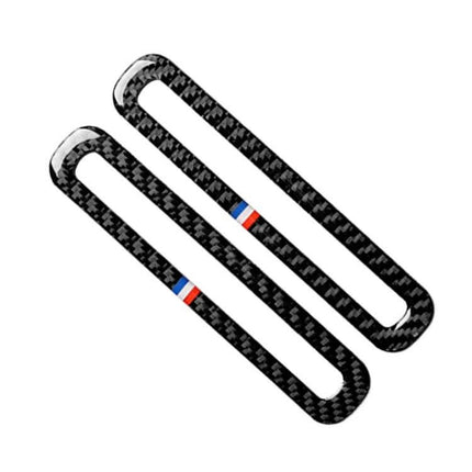 Carbon Fiber Decorative Stickers for Ford Mustang Doors shown as two black carbon-fiber door trim decals with small red-blue stripe accents