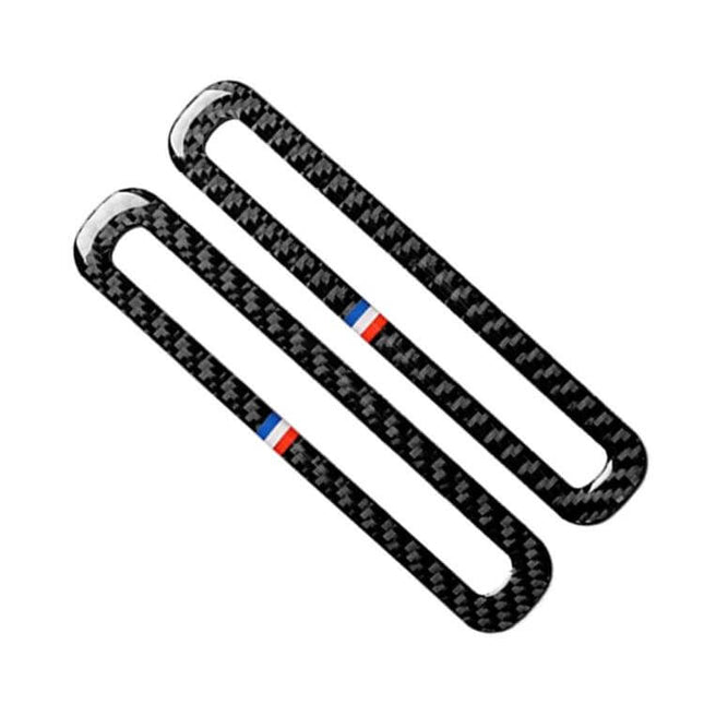 Carbon Fiber Decorative Stickers for Ford Mustang Doors shown as two black carbon-fiber door trim decals with small red-blue stripe accents