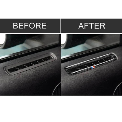 Carbon Fiber Decorative Stickers for Ford Mustang Doors shown before and after on a door vent for subtle modern accent