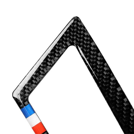 Carbon Fiber Side Air Outlet Sticker for Ford Mustang 2015-2017 - close-up of carbon fiber texture and corner with tri-color trim