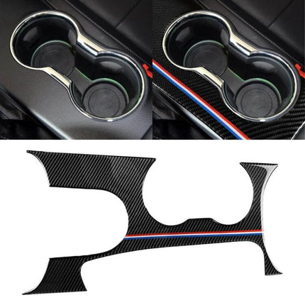 Carbon Fiber Decorative Sticker for Ford Mustang 2015-2017 cup holder trim decal in black carbon fiber with red-blue stripe, easy peel-and-stick application