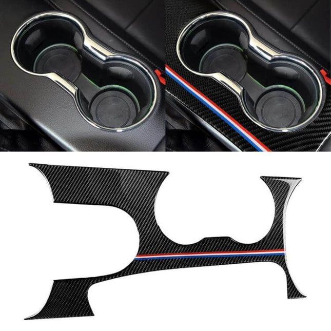 Carbon Fiber Decorative Sticker for Ford Mustang 2015-2017 cup holder trim decal in black carbon fiber with red-blue stripe, easy peel-and-stick application