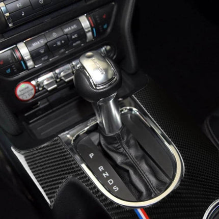 Carbon Fiber Decorative Sticker for Ford Mustang 2015-2017 applied to center console and gear shift area, textured carbon fiber look enhancing interior trim