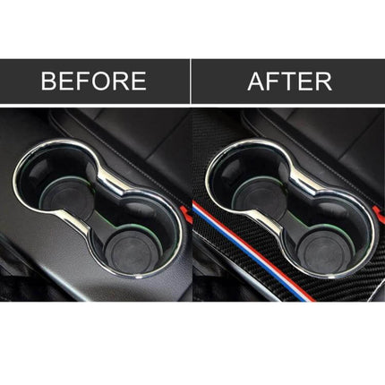 Carbon Fiber Decorative Sticker for Ford Mustang 2015-2017 shown before and after cup holder trim upgrade