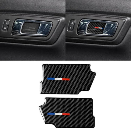 Carbon Fiber Interior Sticker for Ford Mustang 2015-2017 applied to door handle trim showing carbon fiber texture with subtle red white blue accent