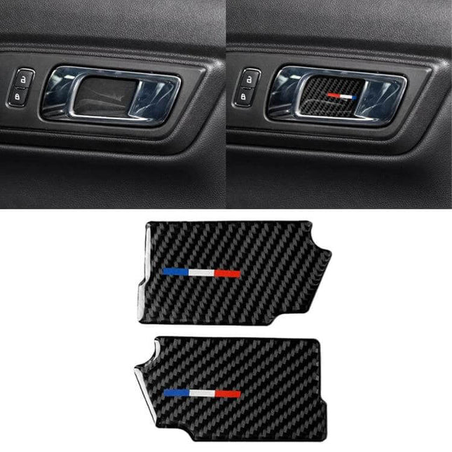 Carbon Fiber Interior Sticker for Ford Mustang 2015-2017 applied to door handle trim showing carbon fiber texture with subtle red white blue accent