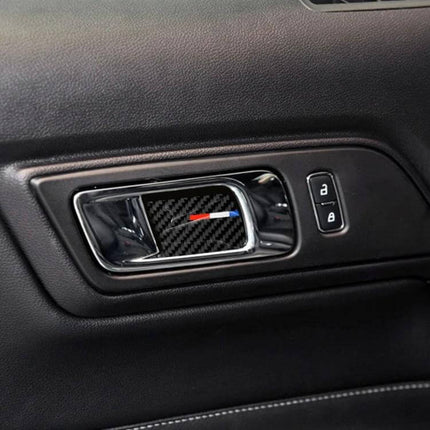 Carbon Fiber Interior Sticker for Ford Mustang 2015-2017 applied to interior door handle trim showing carbon fiber texture and subtle red-blue accent