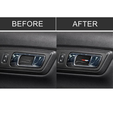 Carbon Fiber Interior Sticker for Ford Mustang 2015-2017 applied to door handle trim showing before and after interior upgrade
