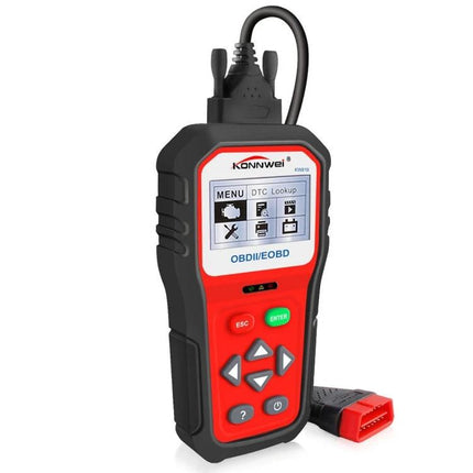 Konnwei Diagnostic Tool for Routine Car Maintenance Checks handheld OBD2 scanner showing menu screen and red connector