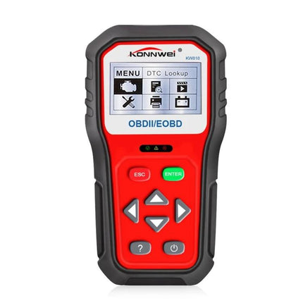 Konnwei Diagnostic Tool for Routine Car Maintenance Checks - red OBD2 scanner showing MENU DTC Lookup screen for reading and clearing engine codes