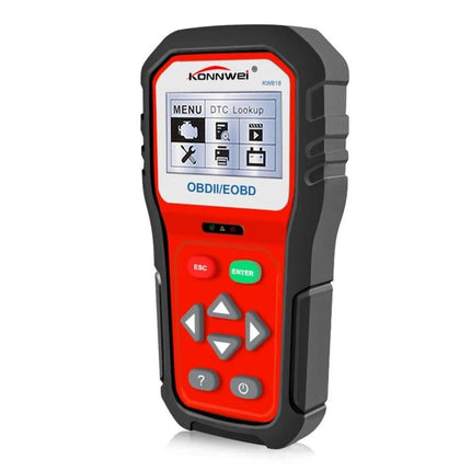 Konnwei Diagnostic Tool for Routine Car Maintenance Checks handheld OBDII scanner showing menu screen and navigation buttons