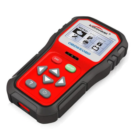 Konnwei Diagnostic Tool for Routine Car Maintenance Checks handheld OBD2 scan tool showing menu screen, red and black design