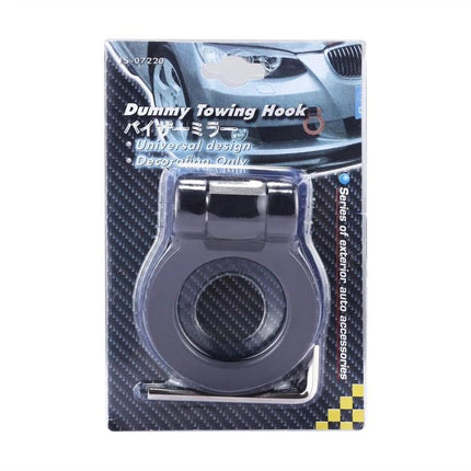 Decorative Tow Hook Sticker for Vehicle Exterior Customization on retail package showing black dummy towing hook decal