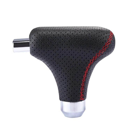 Black Leather Universal Gear Shift Knob Cover for Cars and Trucks - black PU leather T-handle with red stitching, chrome base for improved grip and durability