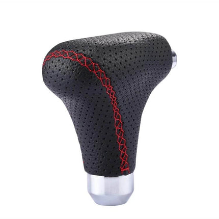Black Leather Universal Gear Shift Knob Cover for Cars and Trucks - perforated PU leather with red stitching, ergonomic chrome base