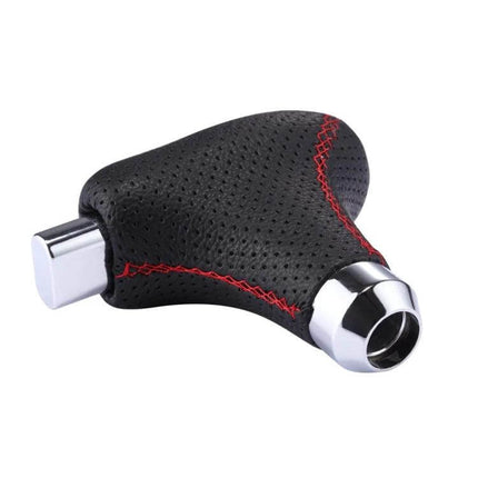 Black Leather Universal Gear Shift Knob Cover for Cars and Trucks - black perforated PU leather with red stitching and chrome trim