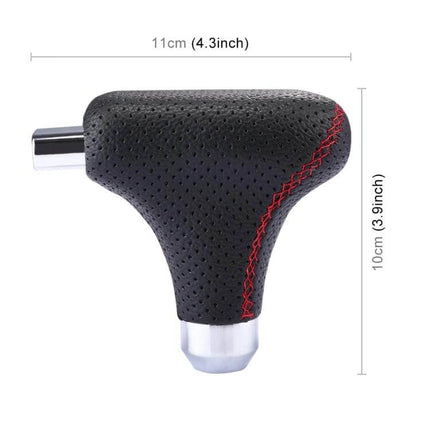 Black Leather Universal Gear Shift Knob Cover for Cars and Trucks - black PU leather T-shaped knob with red stitch, 11cm x 10cm dimensions