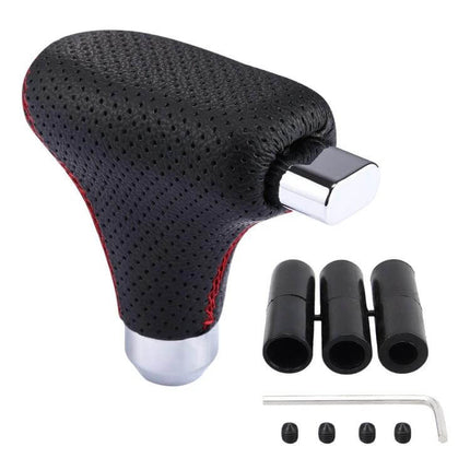 Black Leather Universal Gear Shift Knob Cover for Cars and Trucks with perforated PU leather and red stitch, includes adapters and installation tools