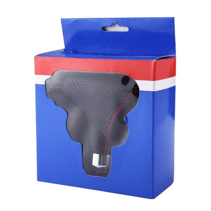 Black Leather Universal Gear Shift Knob Cover for Cars and Trucks in retail box showing black PU leather with red stitching