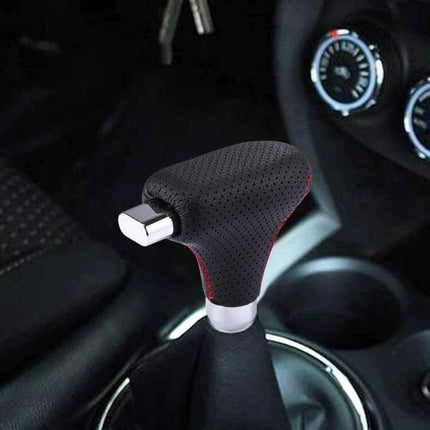 Black Leather Universal Gear Shift Knob Cover for Cars and Trucks installed on car gear lever, black perforated PU leather with red trim, ergonomic grip