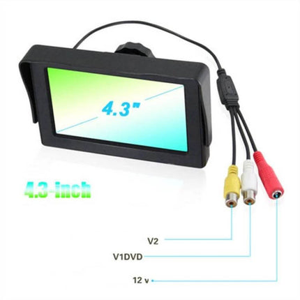 4.3-Inch LCD Car Rearview Monitor with Stand and Shade showing 4.3-inch TFT screen, sunshade, and RCA camera input cables