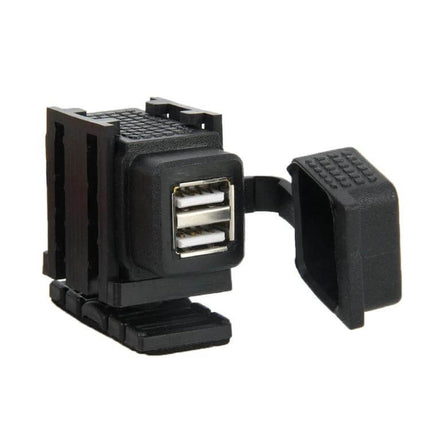 SAE to Dual USB Adapter for Charging Devices in Vehicles showing dual USB ports with protective cap for in-vehicle charging