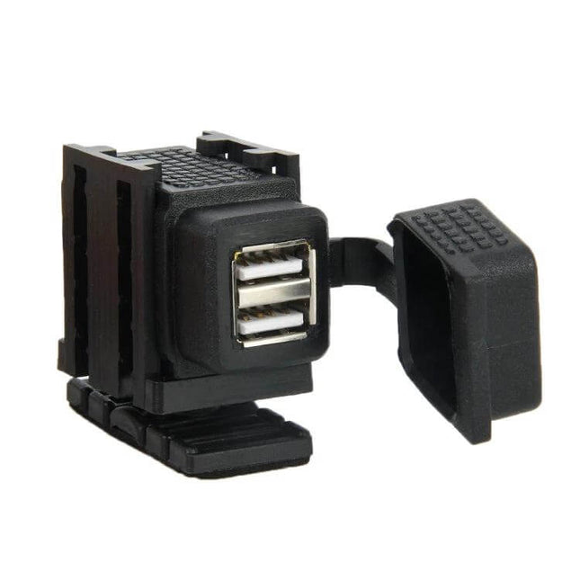 SAE to Dual USB Adapter for Charging Devices in Vehicles showing dual USB ports with protective cap for in-vehicle charging
