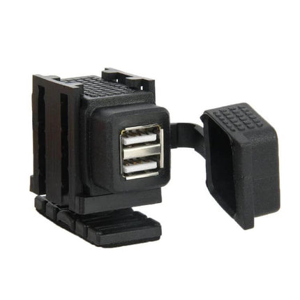 SAE to Dual USB Adapter for Charging Devices in Vehicles - black dual-port vehicle charging adapter with protective cap