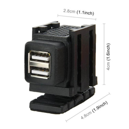 SAE to Dual USB Adapter for Charging Devices in Vehicles compact black dual-USB SAE port converter with dimensions shown