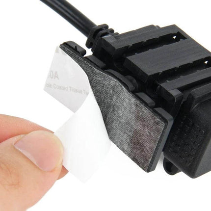 SAE to Dual USB Adapter for Charging Devices in Vehicles showing adhesive-backed SAE connector ready for installation