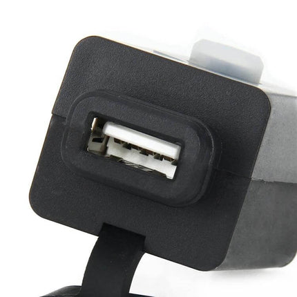 Universal Vehicle USB Charger for Phones, Tablets, and GPS Devices - close-up of USB port and universal ring terminal cable