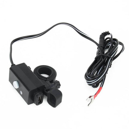 Universal Vehicle USB Charger for Phones, Tablets, and GPS Devices - black inline charger with universal ring terminals and long power cable
