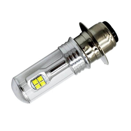 White LED Bulb for Motorcycle Headlights and Riding Safety - clear LED replacement bulb showing quad-chip emitter and metal base for improved night visibility