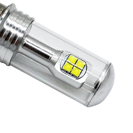 White LED Bulb for Motorcycle Headlights and Riding Safety shown close-up with clear housing and yellow LED chips, energy-efficient replacement for improved night visibility