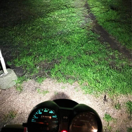 White LED Bulb for Motorcycle Headlights and Riding Safety illuminating a dark road ahead to improve night visibility and rider safety