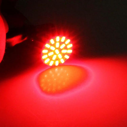 1157 Bay15D LED Car Brake Light Bulbs 22LED For Easy Plug And Play bright red illuminated bulb showing 22 LEDs and reflection