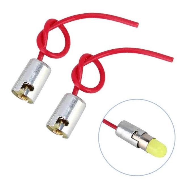 Bulb Socket Holder 2 Pack For Small Base Bulbs Plastic – two BA9S plastic housings with metal contacts and red wires for dashboard or model lighting