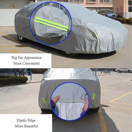 XL Sunproof Car Cover for Sedans with Warning Strips - gray fitted sedan cover with reflective warning strips and elastic edge protecting vehicle exterior