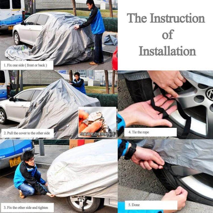 Sedan Car Cover with Sun Protection and Warning Strips, Fits Up to 160 Inches - installation steps showing fitting, tying ropes and securing cover