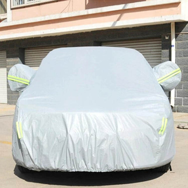 Hatchback Car Cover with Sun and Dust Protection, Fits up to 4.4 Meters - fitted silver PVC cover protecting hatchback from UV rays and dust