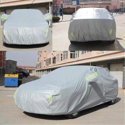 Hatchback Car Cover with Sun and Dust Protection, Fits up to 4.4 Meters - grey PVC cover protecting parked hatchback from UV rays and dust