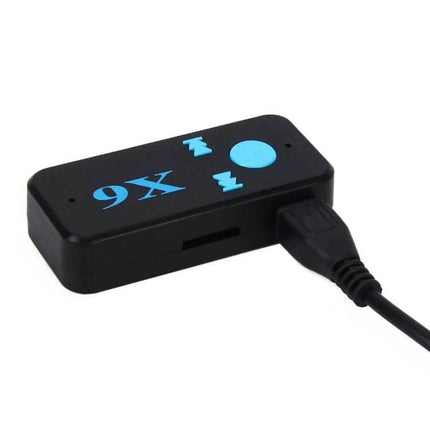 HQX6 Car Bluetooth Music Receiver For Hands-Free Calls compact black receiver with blue button and USB cable connected