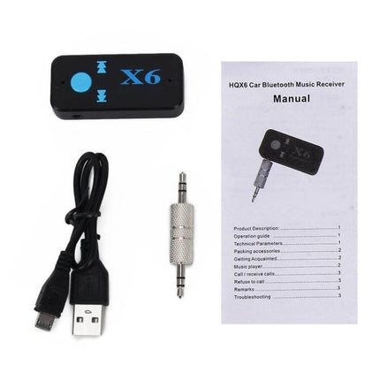 HQX6 Car Bluetooth Music Receiver For Hands-Free Calls compact adapter with USB cable 3.5mm aux jack and user manual