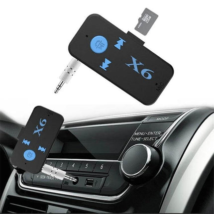 HQX6 Car Bluetooth Music Receiver For Hands-Free Calls compact black adapter plugged into car stereo with TF card and 3.5mm jack