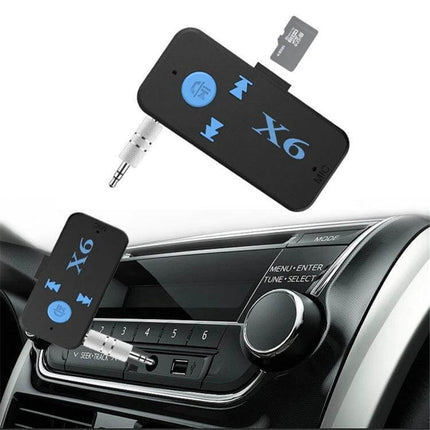 HQX6 Car Bluetooth Music Receiver For Hands-Free Calls compact Bluetooth adapter plugged into car stereo for music streaming and hands-free calls