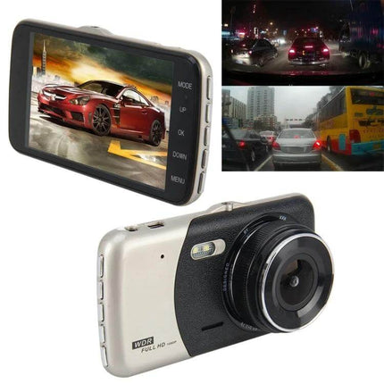 Car Dash Cam with 4-Inch Display for Vehicle Recording showing dash camera unit and sample road footage
