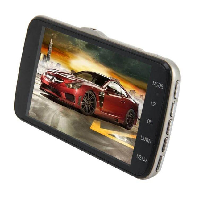Car Dash Cam with 4-Inch Display for Vehicle Recording showing mounted dash camera screen displaying red sports car and menu buttons